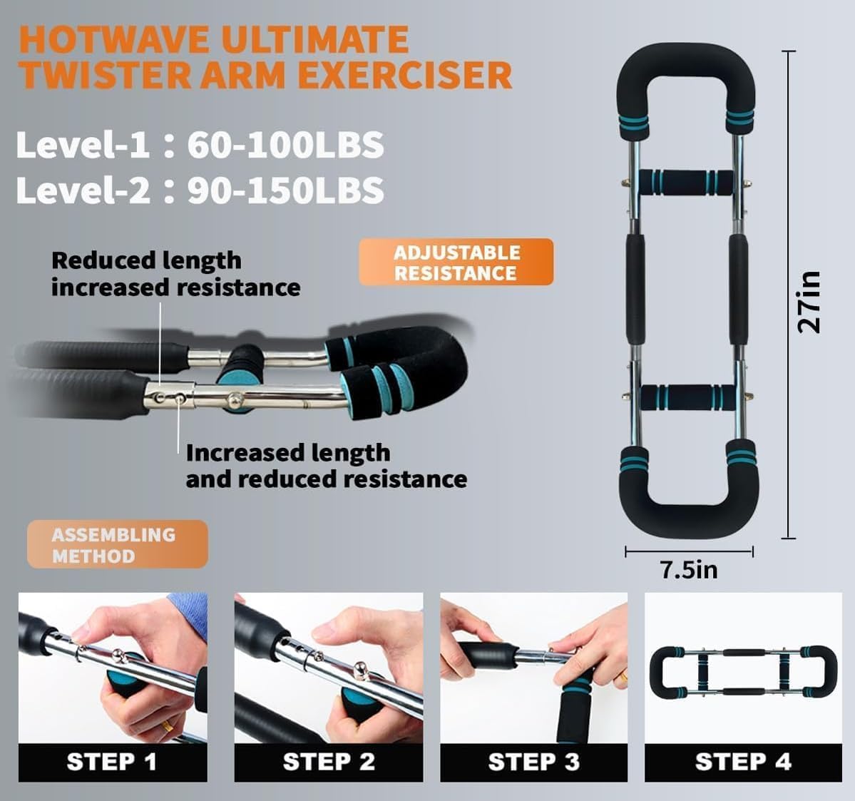 Four steps showing how to assemble the Twister Arm Trainer