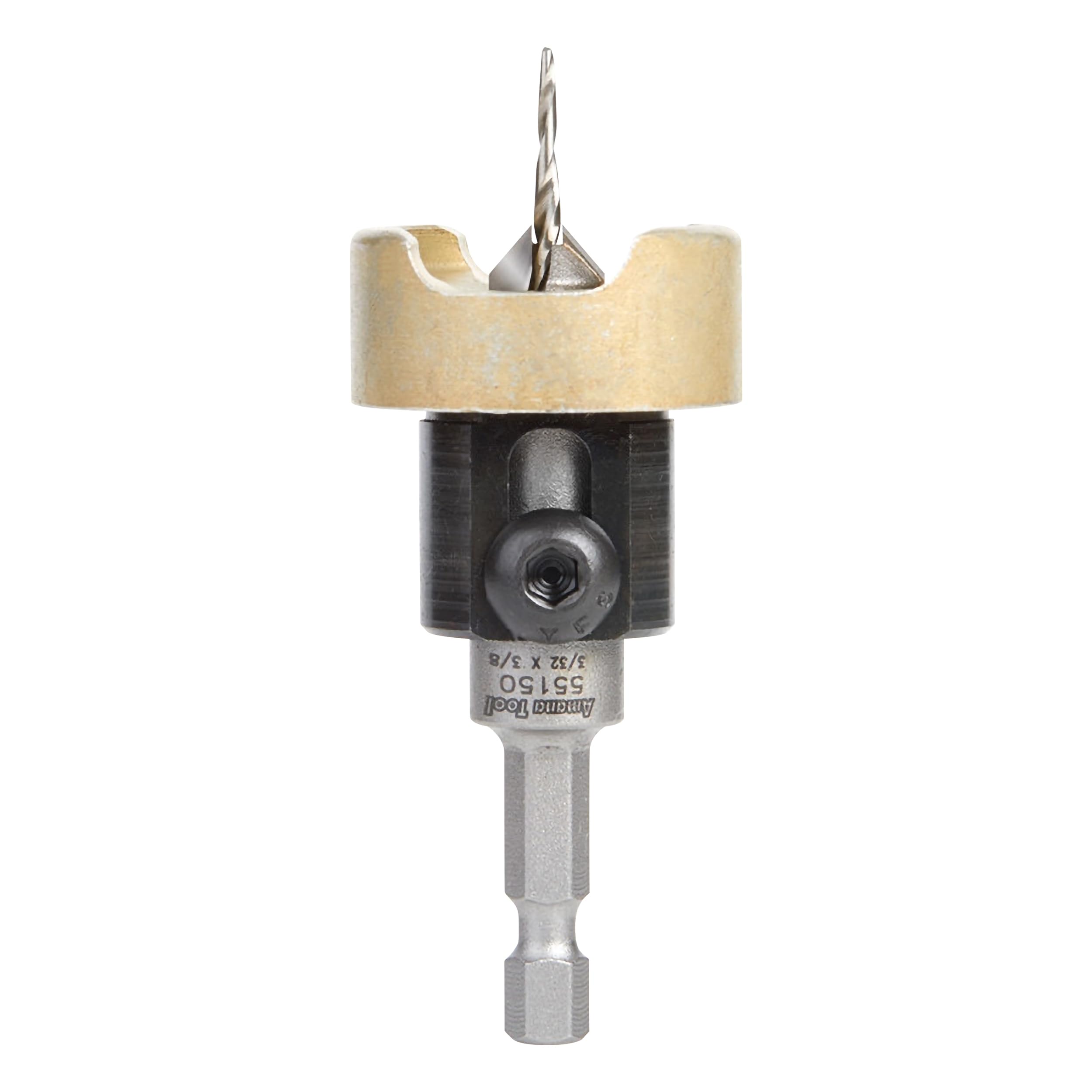 Amana Tool 82 Degree Countersink with Tapered Drill Bit and Adjustable Depth Stop, 55150, 3/8 D x 3/32 Drill D x 1/4 Inch Quick Release Hex Shank