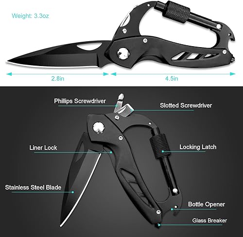 Miniatura 2 de Joycube Mosquetón multiherramienta con cuchillo de bolsillo plegable, abridor de botellas, rompedor de vidrio de ventana y destornillador, clip de