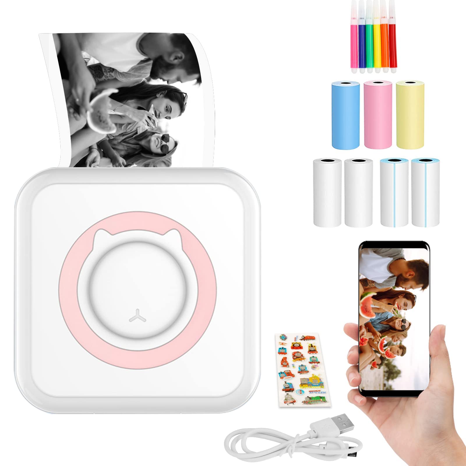 YOMYM Portable Wireless Printer - Mini Pocket Bluetooth Thermal Printers with 6 Rolls Printing Paper Compatible with Android iOS Smartphone for Label Receipt Photo Notes and Memos