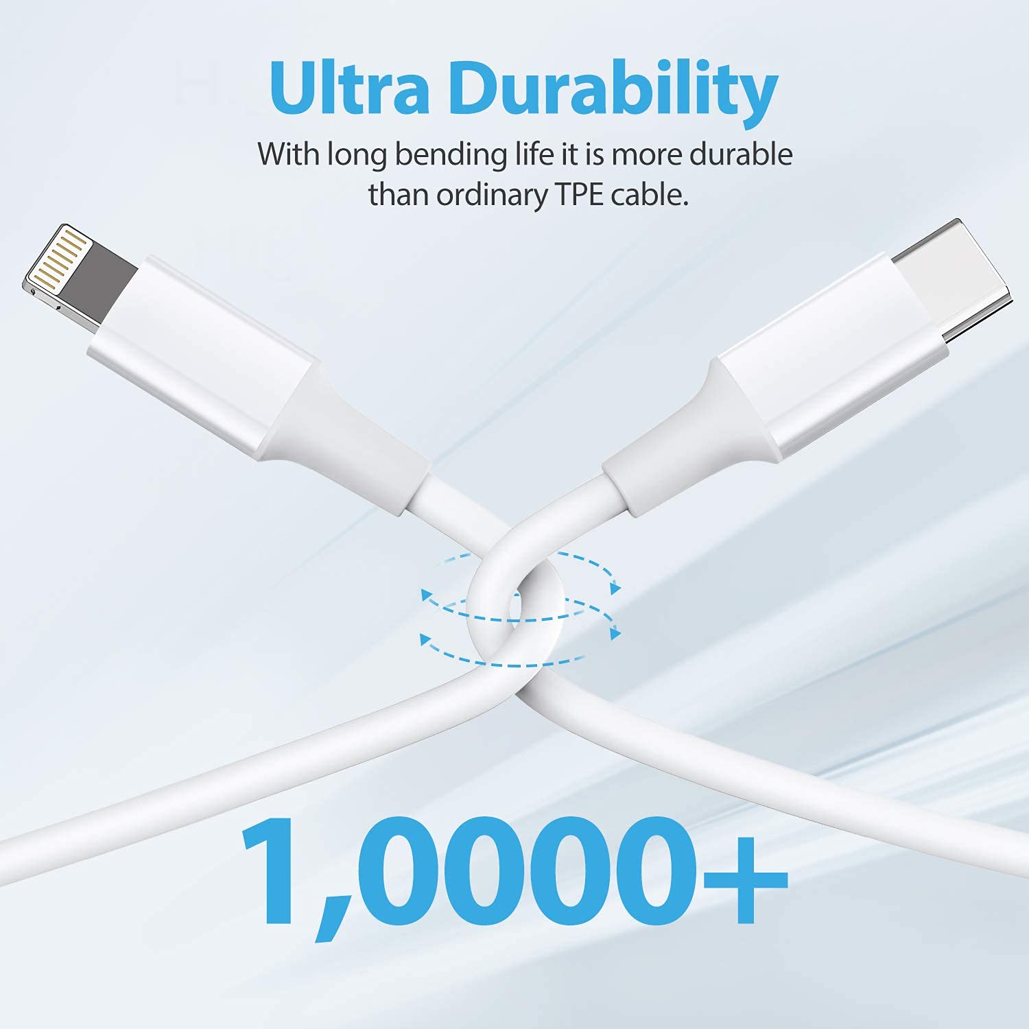 Muvit USB-C to Lightning cable tied in a knot, with an arrow indicating 10,000+ bend lifespan, demonstrating ultra durability.