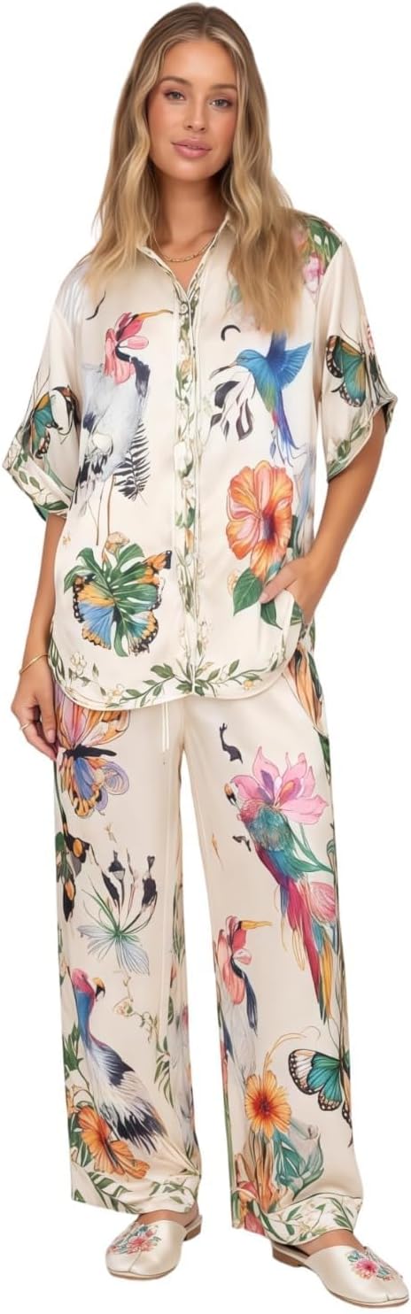 Women's Summer Print Two Piece Pajama Set Short Sleeve Outfits Button Down Tops Drawstring Long Pants Sleepwear Sets