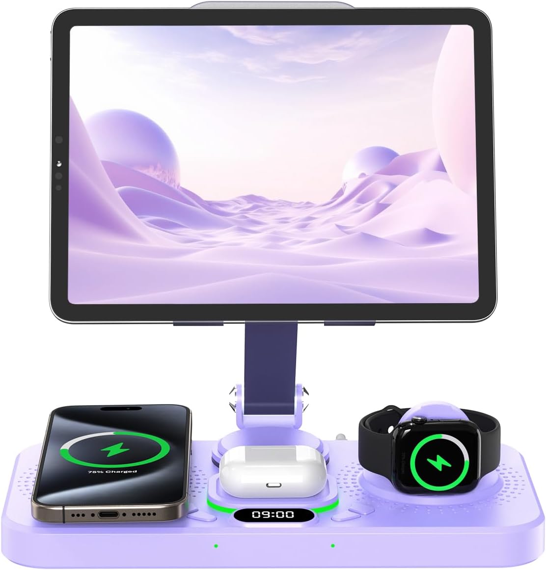 6 in 1 Wireless Charger for Apple Multiple Devices, Charging Station with Clock &7 Color Ambient Light, Foldable Rotate Stand for iPad, for iPhone17/16/15, Support for Apple Watch11/10, for AirPods4