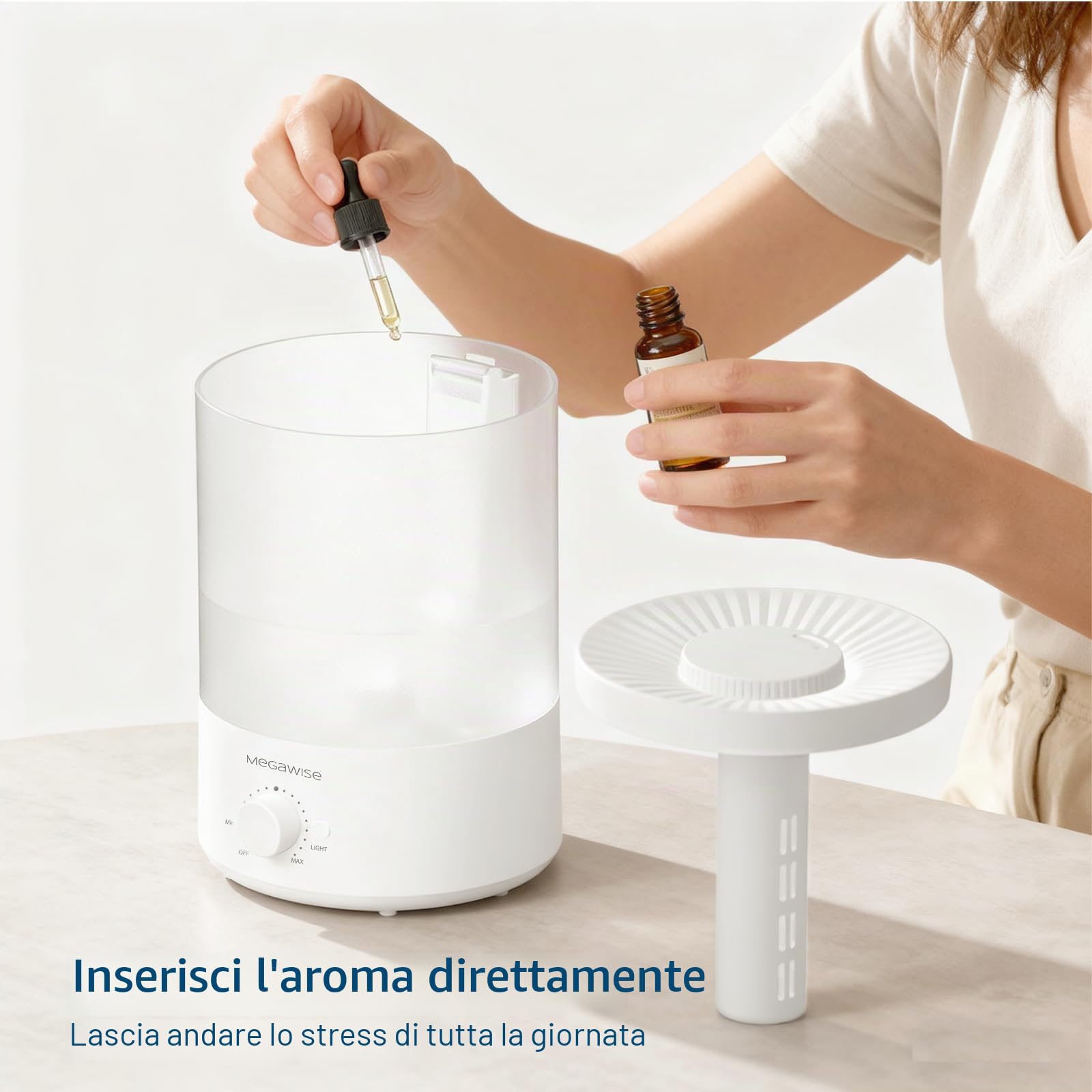Umidificatore a ultrasuoni a nebbia fredda MEGAWISE da 3,5 l - Umidificatore silenzioso con riempimento dall'alto, vassoio per oli essenziali e luce notturna a 7 colori
