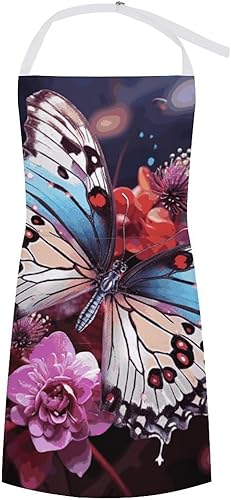 MUSM Apron for Adults - 27.6 X 31.5 Inch, Heavy-Duty Polyester Aprons with Two Large Pockets, Waterproof Colorful Butterflies on Flowers Kitchen