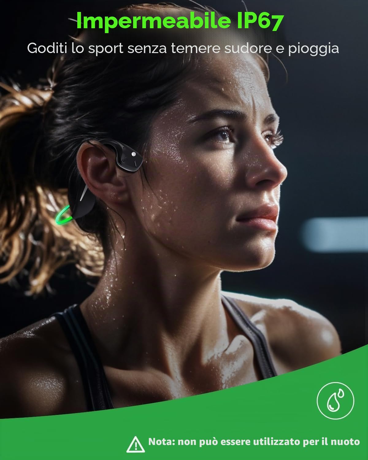MONODEAL Cuffie conduzione ossea, Open Ear Auricolari Bluetooth 5.3 verdi con luce intelligente, 20 ore di autonomia, IPX7 resistenti al sudore, ideali per corsa e ciclismo
