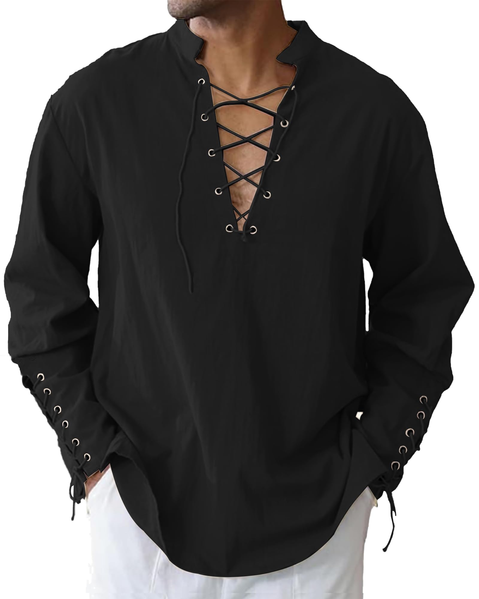 LVCBL Camicia Uomo Medievale in Cotone Lino con Lacci e Collo Coreano M-3XL