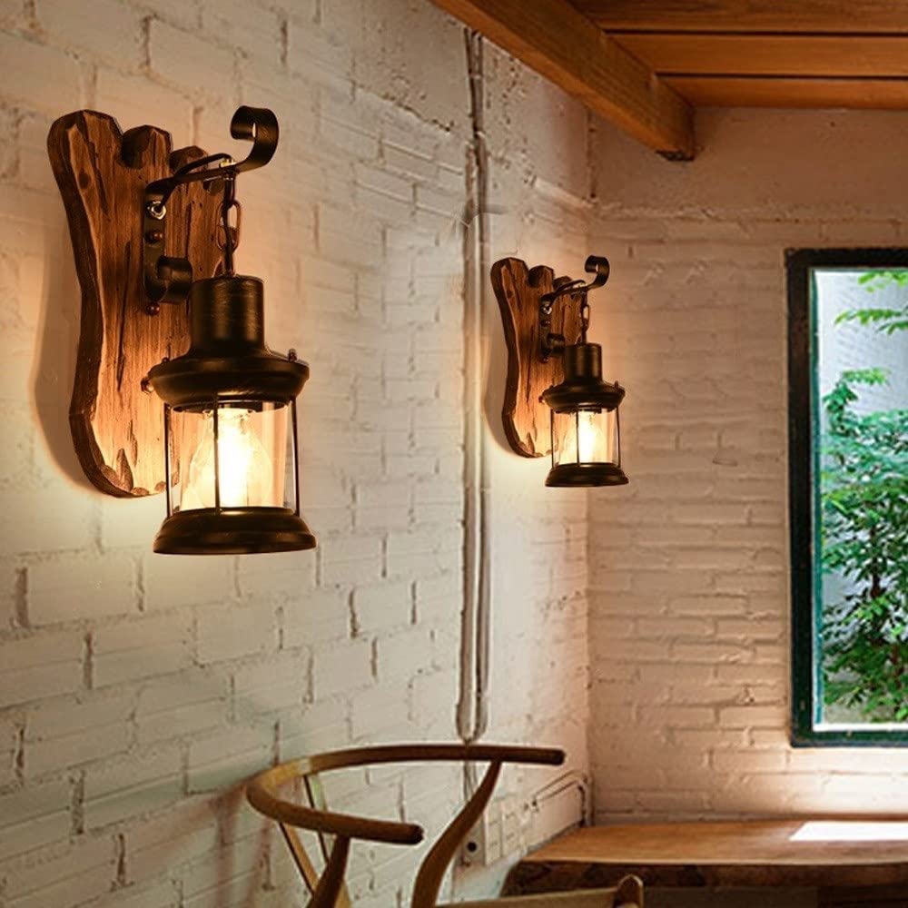 Przezroczysty klosz szklany w stylu loft, lampa ścienna naftowa do jadalni, baru, kawiarni, oświetlenie w stylu retro, latarnia z litego drewna, antyczny kształt stopy, drewniany kinkiet