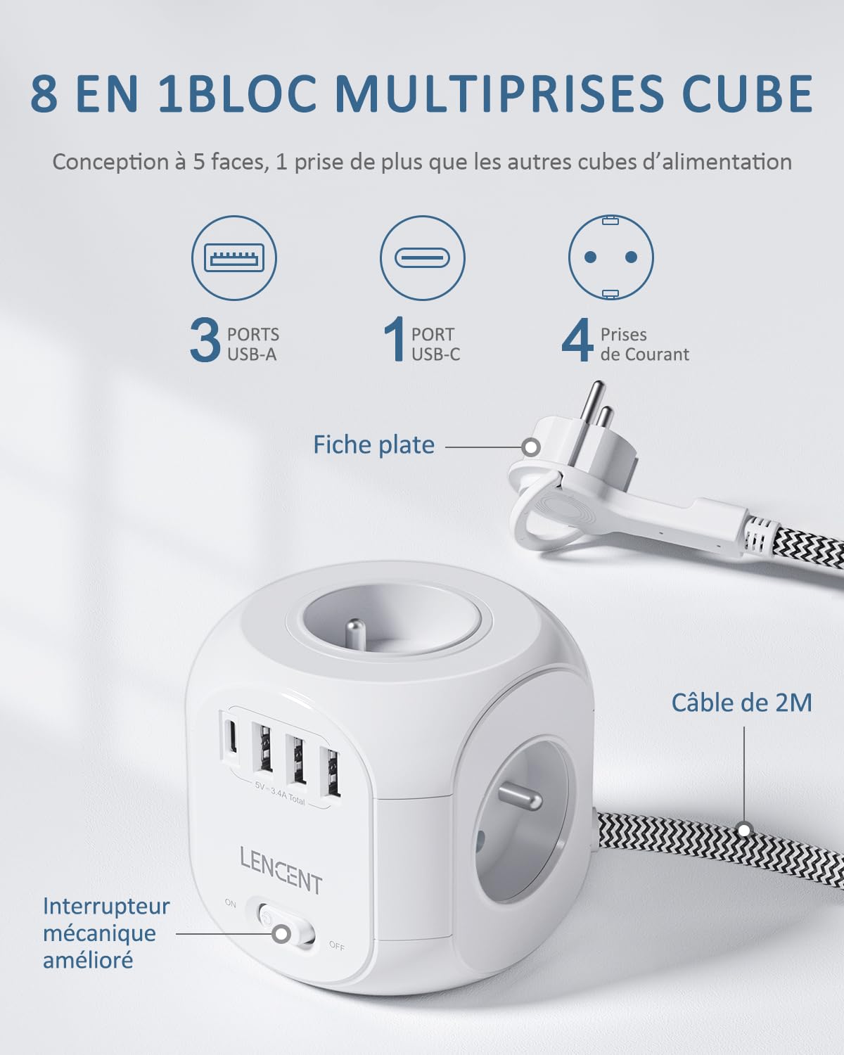 LENCENT Cube Rallonge Électrique Multiprise 2M, Fiche Plate | 4 Prises 3 USB-A,1 USB-C Câble Tressé 2m, Protection Contre Les Surtensions avec Interrupteur pour Cuisine, Bureau