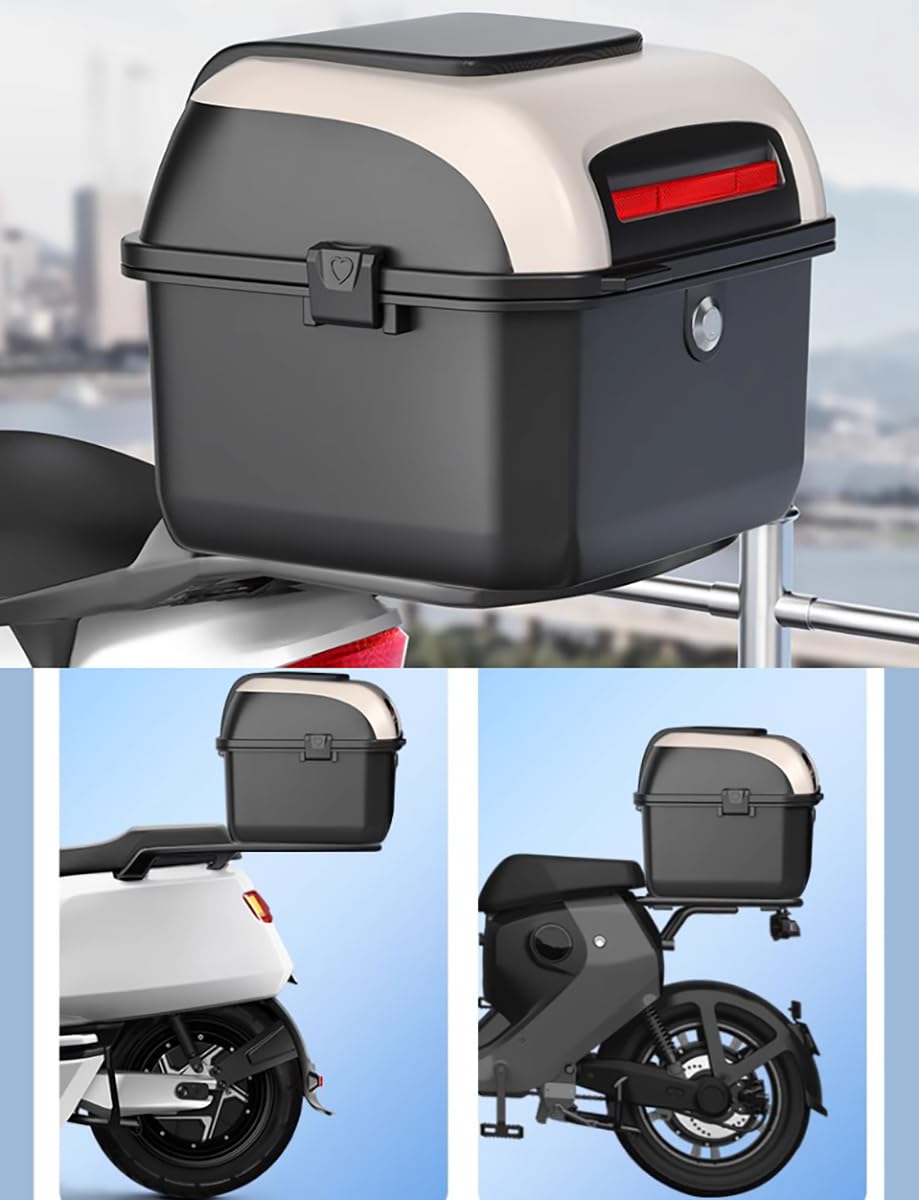 Universal Motocicleta Top Case, Motocicleta Tail Box Trunk Tour Almacenamiento Carrier Case con respaldo, cerradura de seguridad para el almacenamiento de equipaje casco,White