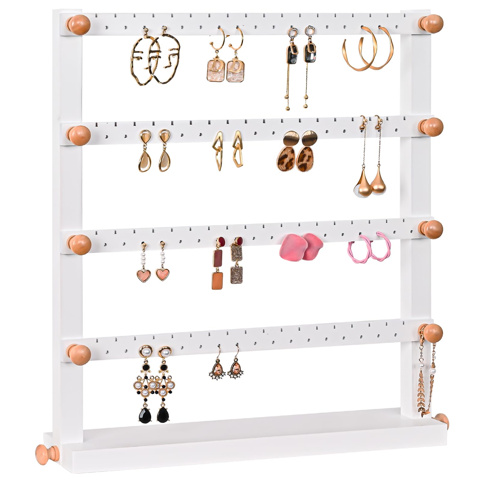 Lolalet 4 Animal Jewellery Stand Earring Holder, 72 Holes Earring Stand Organiser Made of Wood Stud Earrings Display Jewellery Storage Jewellery Holder for Earrings Stud Earrings – White