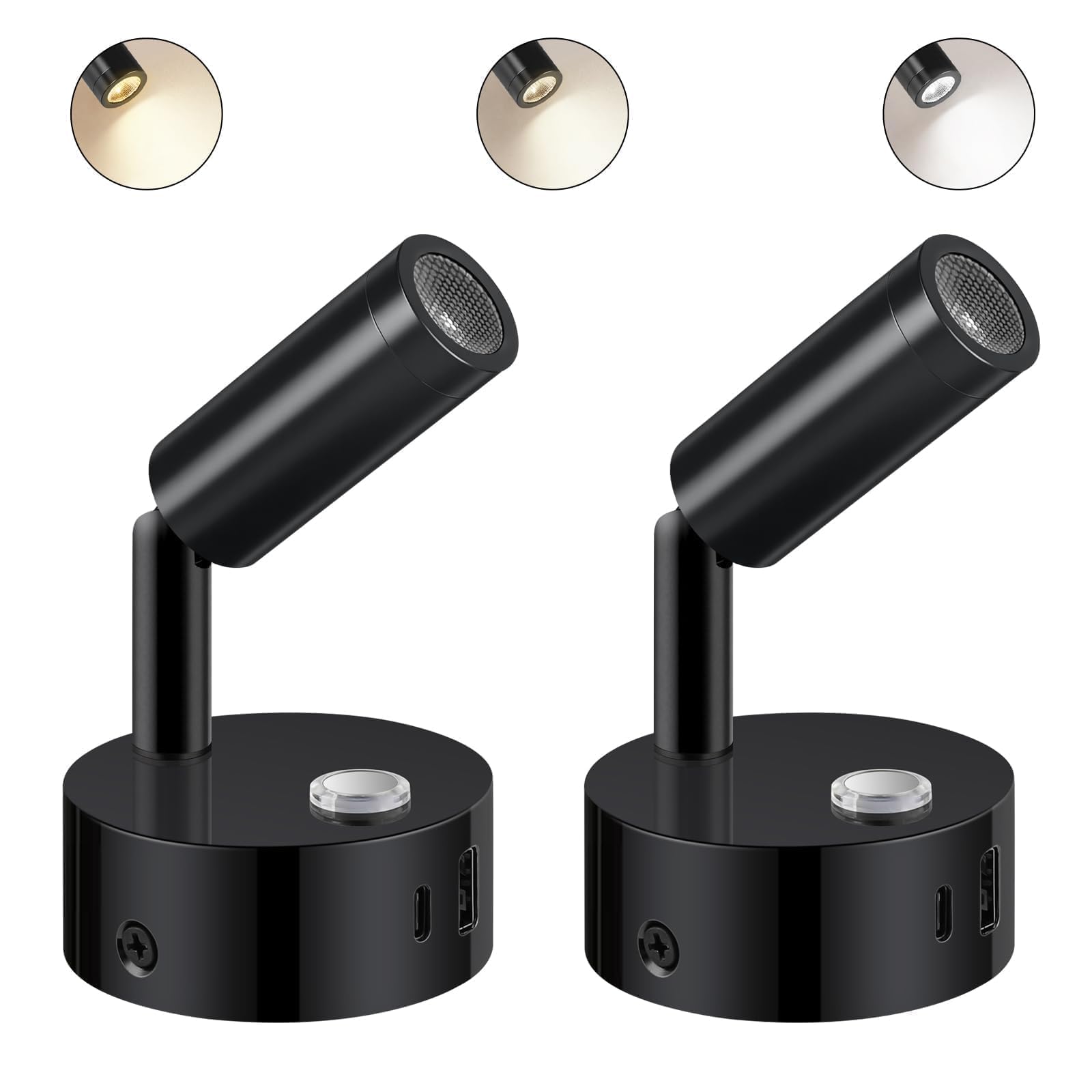 ERWEY Lampa do czytania, ścienna LED ze ściemniaczem dotykowym 3000K-6000K, reflektor DC 12V-24V z interfejsem USB A + C, czarny