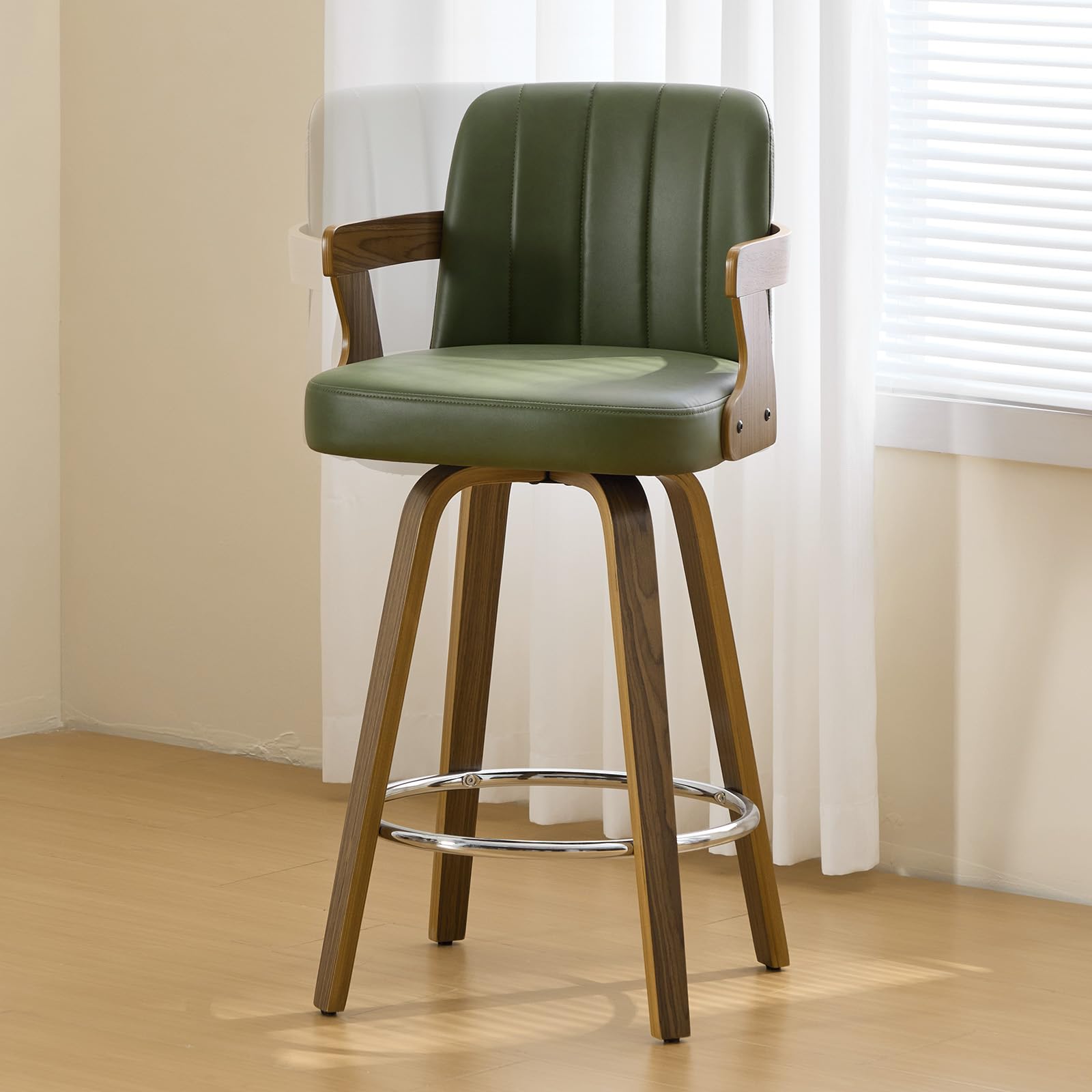WOOW DEPOT Green Single Bar Stool, 65CM Counter Height Bar Chair with Walnut Wooden Arms, High Back Faux Leather Upholstered Kitchen Bar Stool, Support 150KG â image 1
