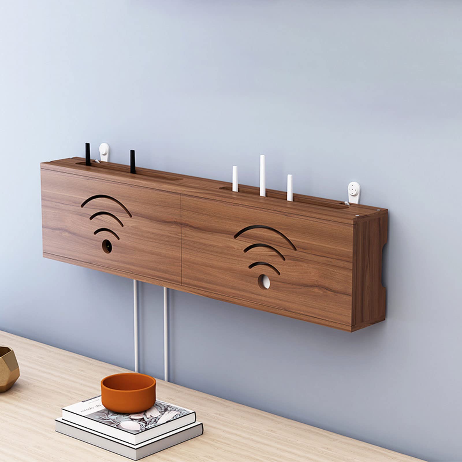 XINBALOVE WiFi Router Aufbewahrungsbox Router Verstecken Wandregal Massivholz Netzteil Licht Cat Plug Row Hub Board Finishing Aufbewahrungsbox- Walnut||60cm