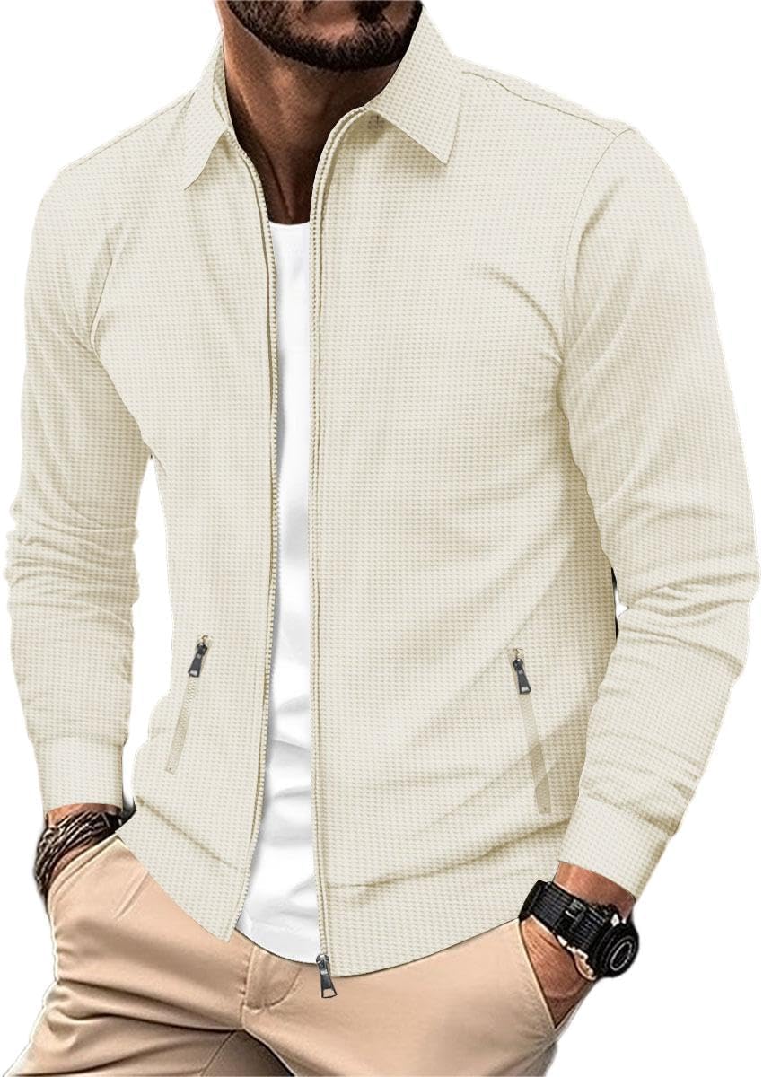 Men's Waffle Knit Full-Zip Jacket, Textured Cotton Blend, Collared Neck, Casual Style, Lightweight