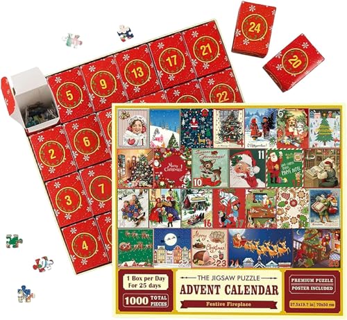 Christmas Advent Calendar Puzzle 2023, Christmas Advent Calendar Jigsaw Puzzle 1000pcs, Christmas Countdown Holiday Puzzles for Adults Kids, 24 Parts 1000 Pieces Jigsaw Puzzles Gift for Xmas (A)