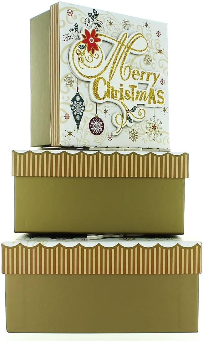 Tulip Studio Set Of 3 Medium Christmas Square Nested Gift Boxes - Modern Gold Xmas Snowflakes