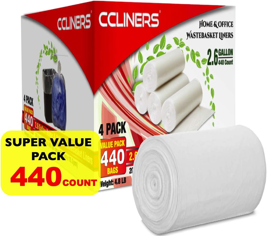 2.6 Gallon (10 Liter) Clear Small Trash Bags (440 Bags) 2 Gallon Bathroom Garbage Bags Plastic Wastebasket Can Liners for Home and Office Bins, 440 Count