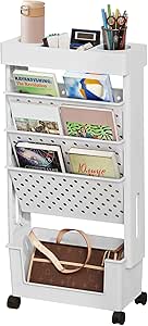 BYFU 5-Tier Movable Bookshelf Cart, Rolling File Paper Storage Organizer with Wheels, White