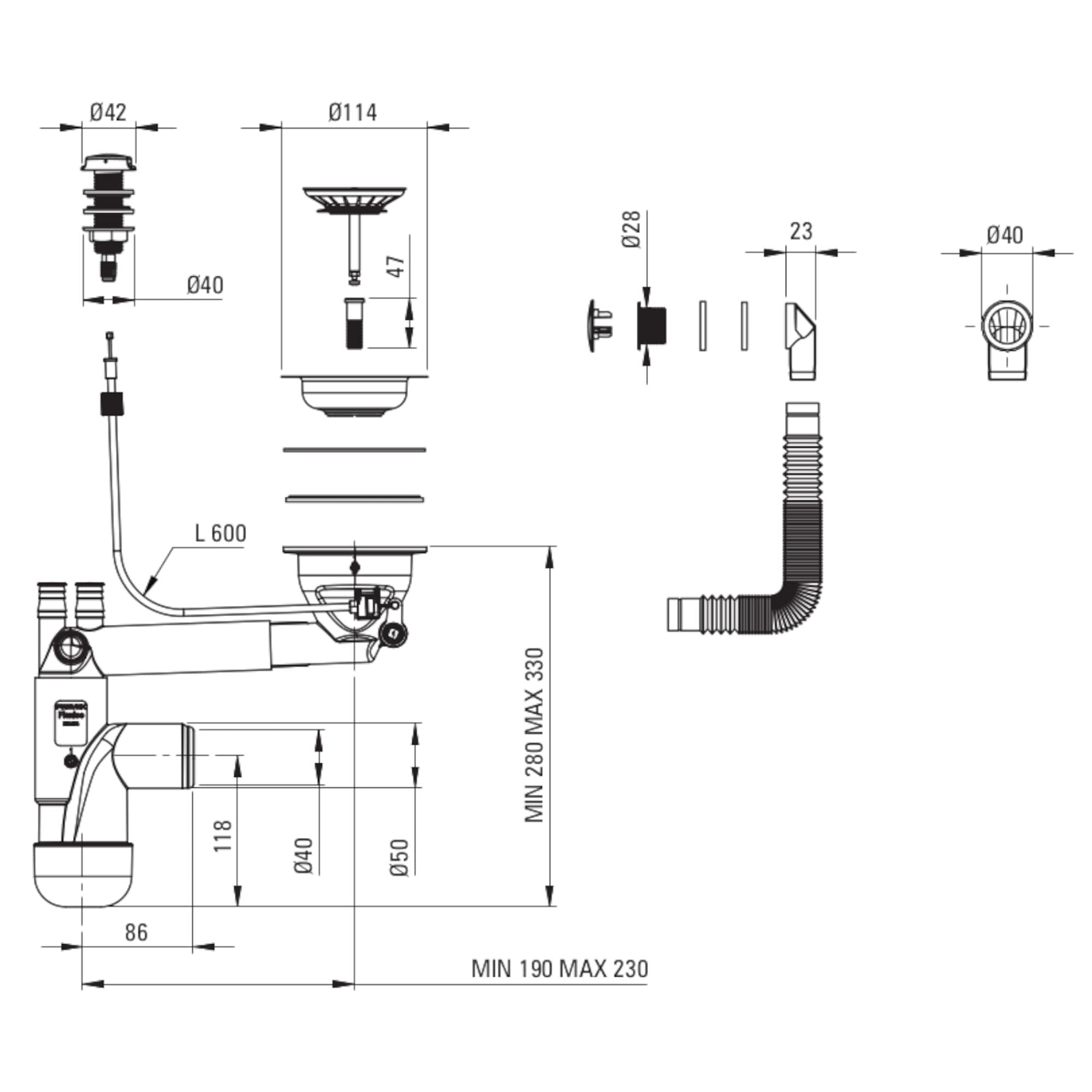 Deante Siphon inkl. Ablaufgarnitur Space Saver Lux Chrom für 1 Becken Granitspüle - für eine platzsparende Spüle mit Ablauf-Anschluss für die Spülmaschine