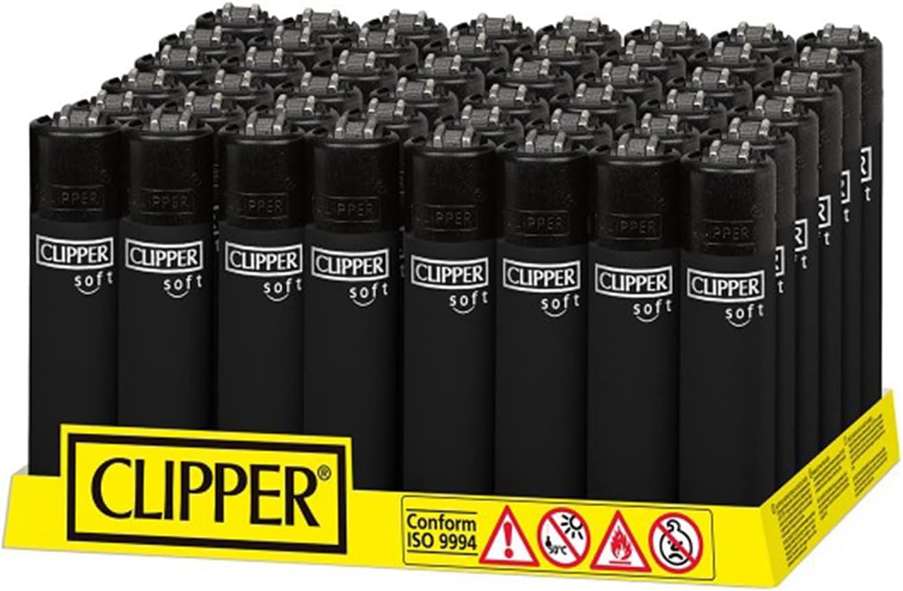 Pack de Clipper 48 Mecheros Encendedores Liso Soft Touch All Black Negro CP11RH + 5 Gas ISOBUTANO para MECHEROS + Clipper 2 Paquete de 9 Piedras de Mechero