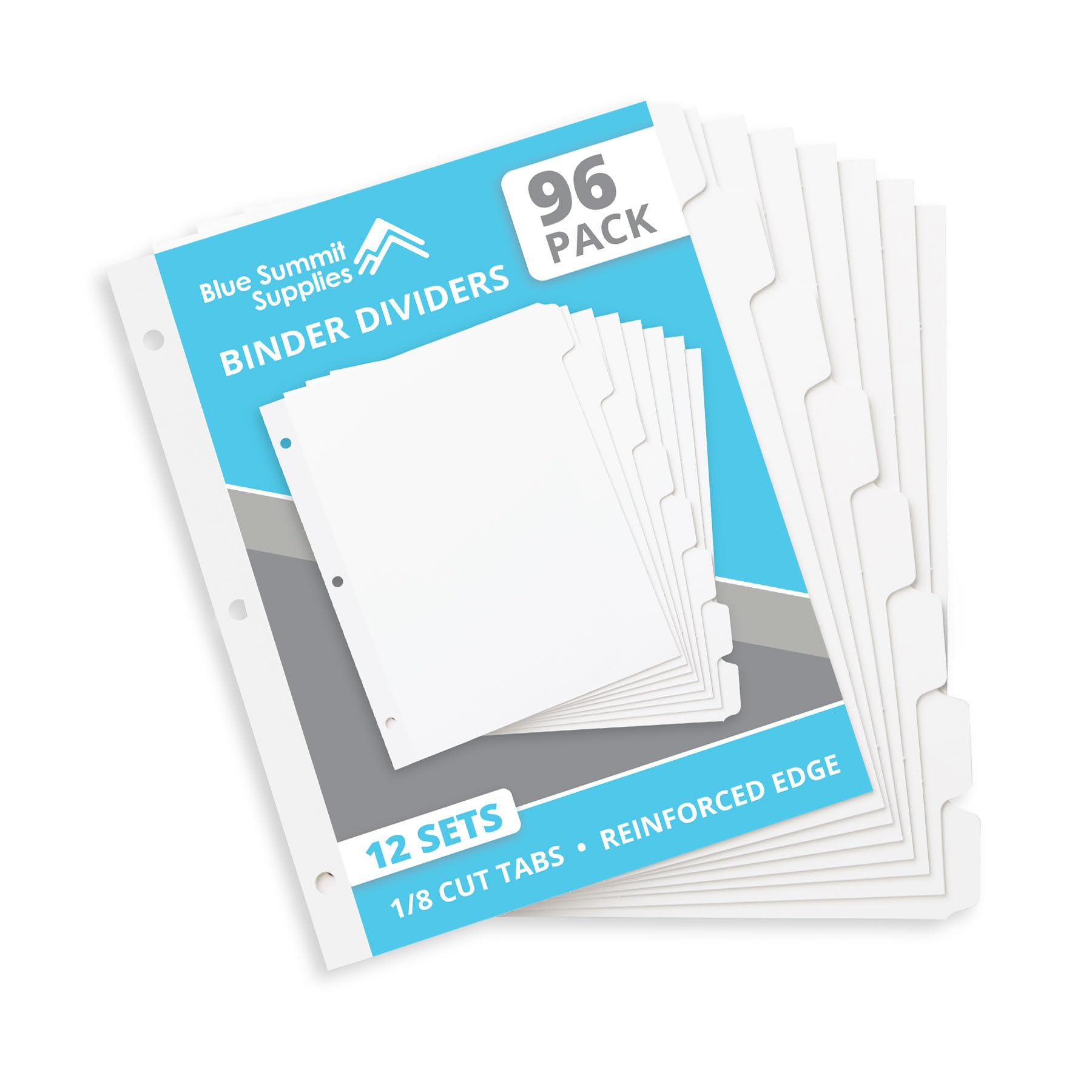 Blue Summit 3 Ring Binder Dividers with Tabs, Reinforced Edge, 1/8 Cut, Letter Size, 8 Tab Dividers for 3 Ring Binder Bulk, White, 12 Sets, 96 Pack