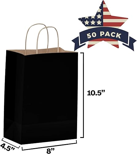 Miniatura 2 de Qutuus Bolsas de regalo de papel negro con asas, 50 piezas de 8 x 4.75 x 10.5 pulgadas, bolsas de papel kraft negras con asas, bolsas de compras a