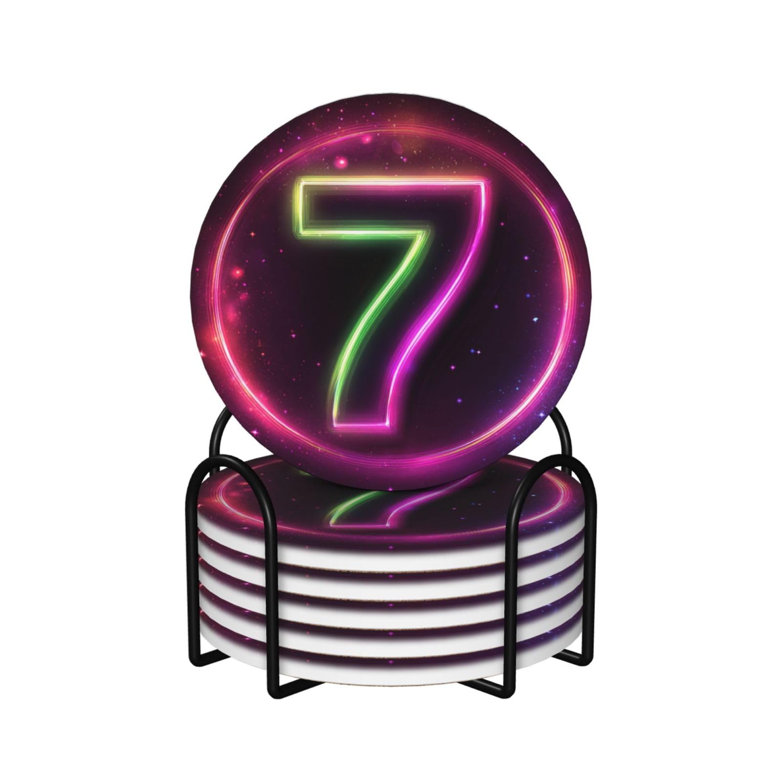 Neon Number 7 Glowing Pink Green Light Ceramic Coasters with Holder 6ps