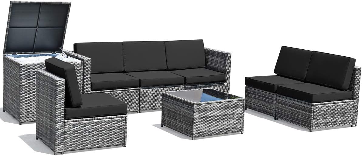 DORTALA 8Pcs Rattan Furniture Set w/Cushions, Sturdy & Durable Construction, Outdoor Wicker Rattan Conversation Sofa Set w/Storage Table, Ideal for Patio, Balcony and Indoor, Black