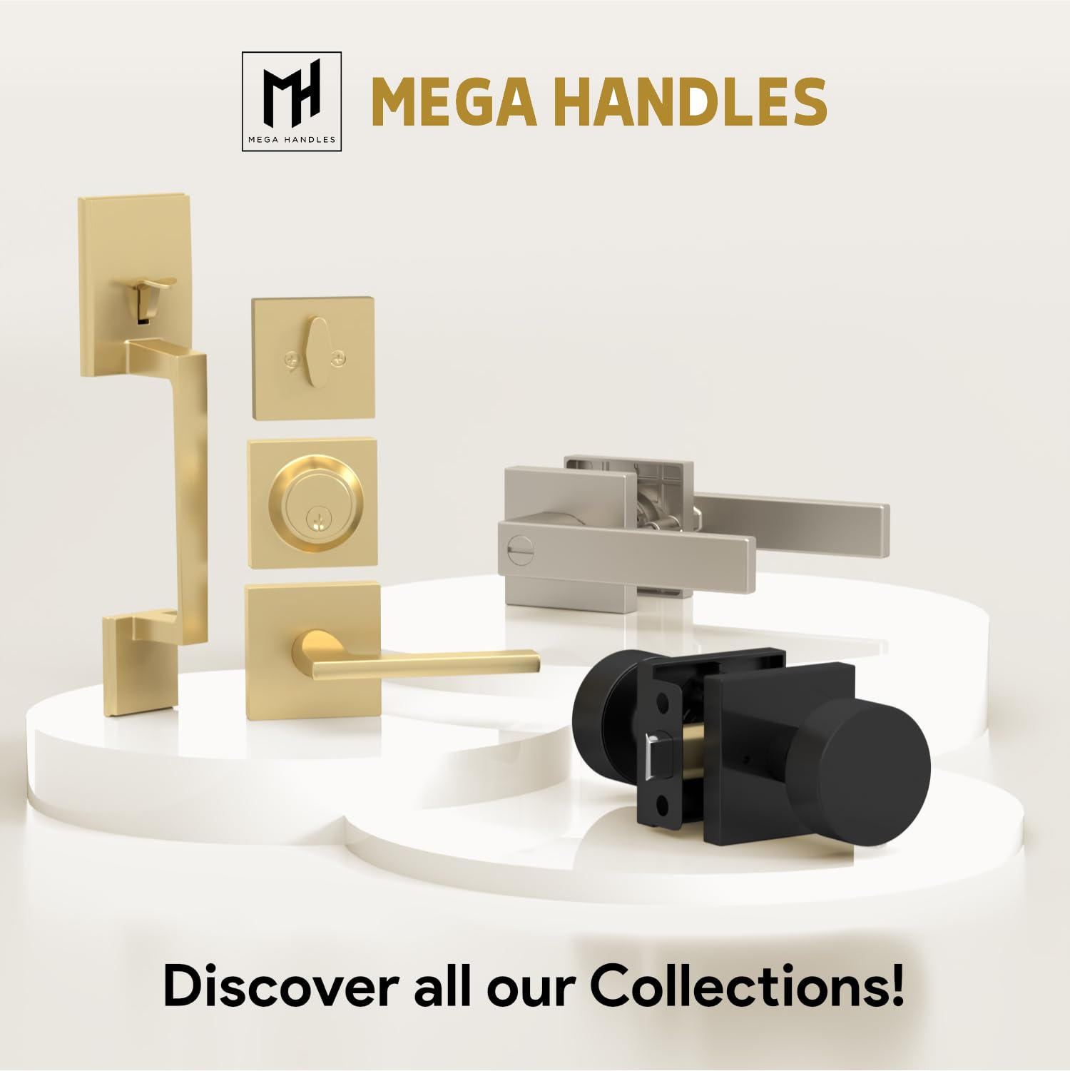 Mega Handles Laura - Pomo para puerta de entrada y cerrojo cromado - Combo con llave | Aleación de zinc macizo, cromo pulido, perilla redonda moderna, roseta rectangular, reversible izquierda o derecha