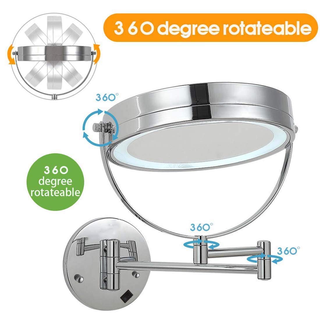 Specchio for Trucco LED Bifacciale 1X/10X Ingrandimento Specchio cosmetico Girevole Estensibile for Bagno Hotel Alimentato