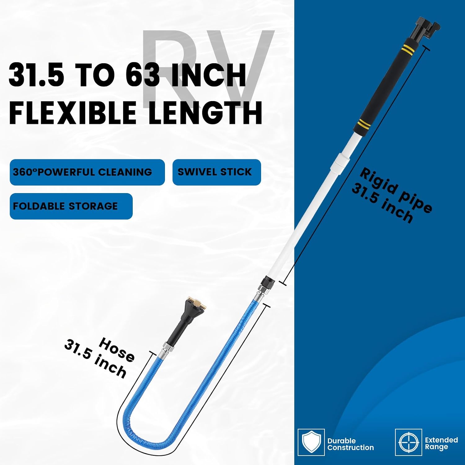 RV Black Tank Cleaner Wand,62inch RV Holding Tank Swivel Stik Rinser 304 Stainless Steel Hose with Flexible Rotary Cleaning Sprayer for Camper Toilet RV Black Water Tank and Garden