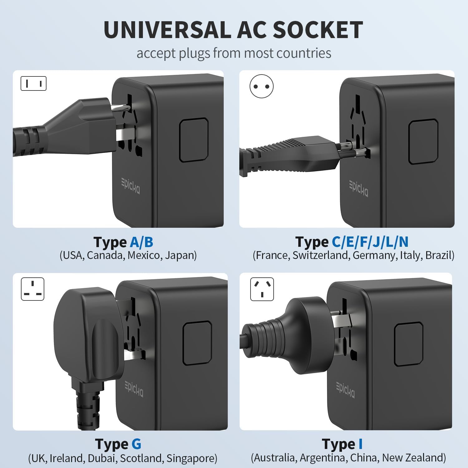 EPICKA GAN Adaptador Enchufe Universal, PD 70W Adaptadores de Viaje con 3 USB-C y 2 USB-A, Adaptador Universal Enchufe Viaje para UK USA Japón, Tailandia, Australia, Irlanda TA-105P, Negro