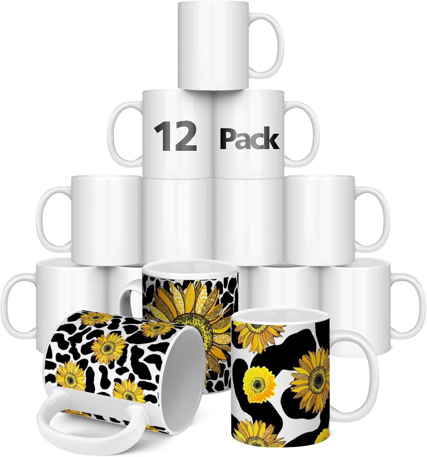 Dmsky Sublimation Mugs 11 OZ Blank Bulk Coffee Mug White Ceramic Photo Cups Tazas Para Sublimation Cup 12 pack With Box, Heat Tape, sublimation paper Ideal for Crafts and Printing