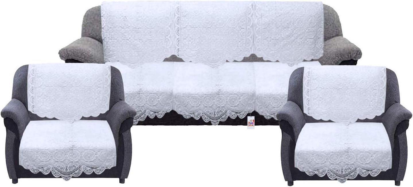Circle Design Cotton 6 Pieces 5 Seater Sofa Cover Set (White)