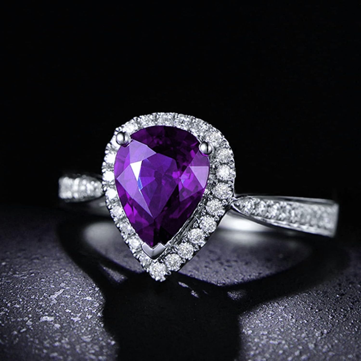 Vintage Wedding Rings for Women, Teardrop Cubic Zirconia Ring for Girls 925 Stealing Silver Purple Birthday Gifts Rings Size 4