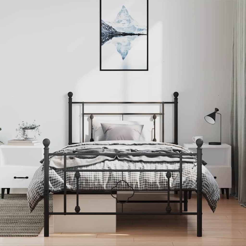 Bed Frame Black Steel Single Platform Foundation with Slatted Durable Heavy-Duty Frame for Mattress Support Easy-Assembly Modern Minimalist Bedroom Furniture