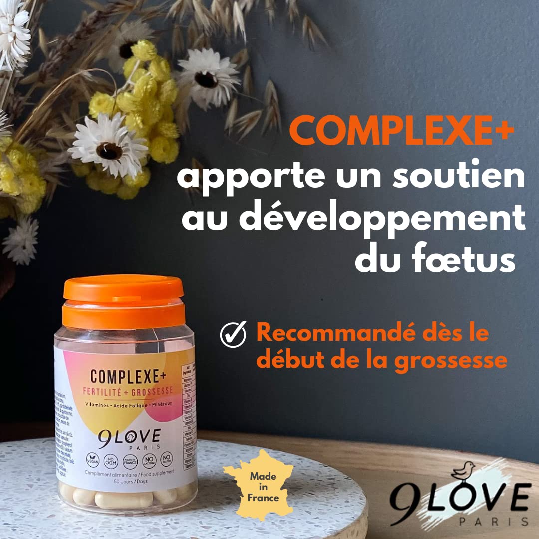 9LOVE - Acide Folique Vitamine B9 - Complément Grossesse, Conception et Fertilité - COMPLEXE+ 60 capsules - 13 Vitamines, Minéraux et compléments dont B12, D3, Iode, Zinc