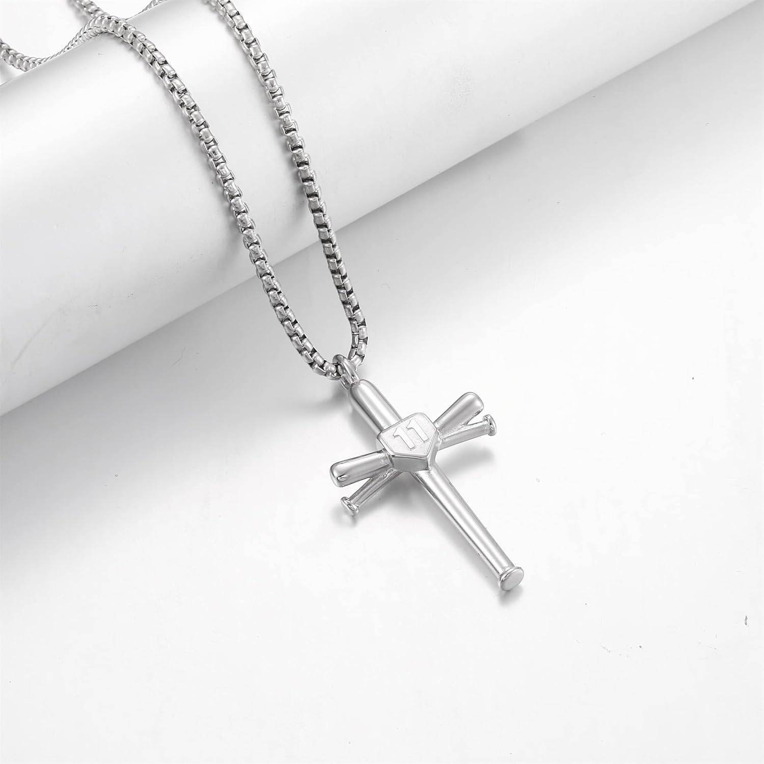 RWQIAN Cross Number Necklace for men - Sport Stainless Steel Cross Silver Chain for Men/Women, Baseball Bat Cross Pendant Chain Baseball Fans Jewelry Gift - Image 2