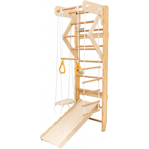 6-in-1 Wall-Mounted Indoor Jungle Gym for Kids, Wooden Swedish Ladder