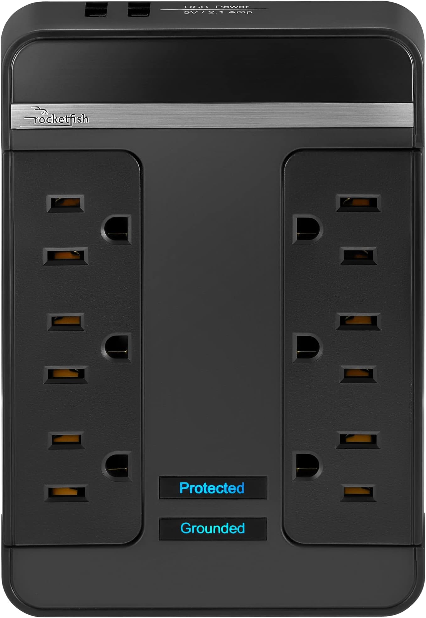 Rocketfish6 Outlet/2 USB Swivel Wall Tap 2100 Joules Surge Protector - Flat Power Strip Plug with USB Ports - Power Strip Surge Protector with Noise Filter & Low-Profile Design - Black