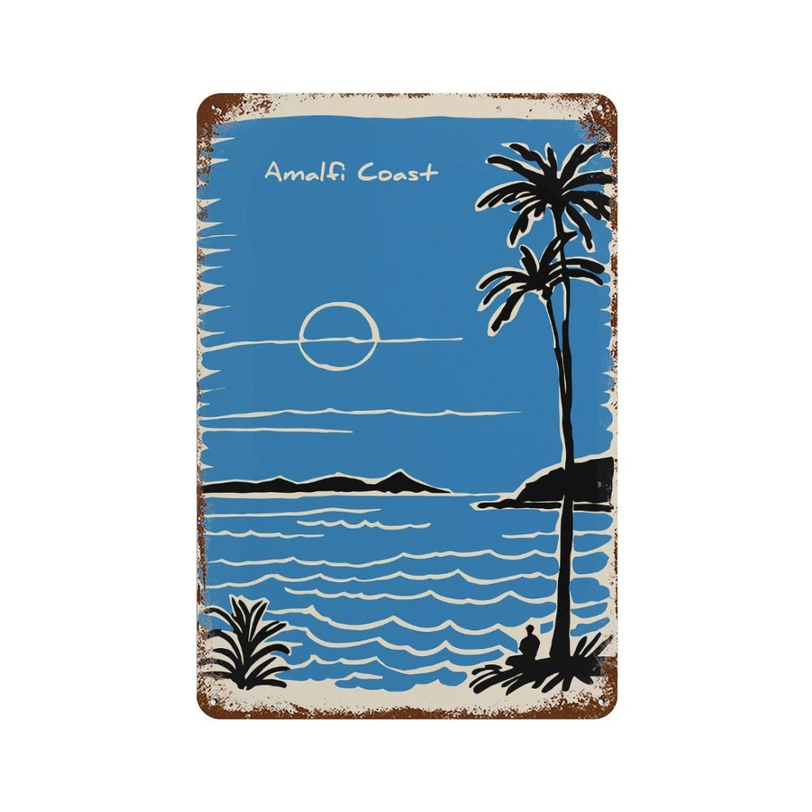 Vintage Rust Metal Sign Amalfi Coast Travel Poster Illustration 11.8"x7.9", Old School Wall Decor for Garage, Bar And Workshop Decor