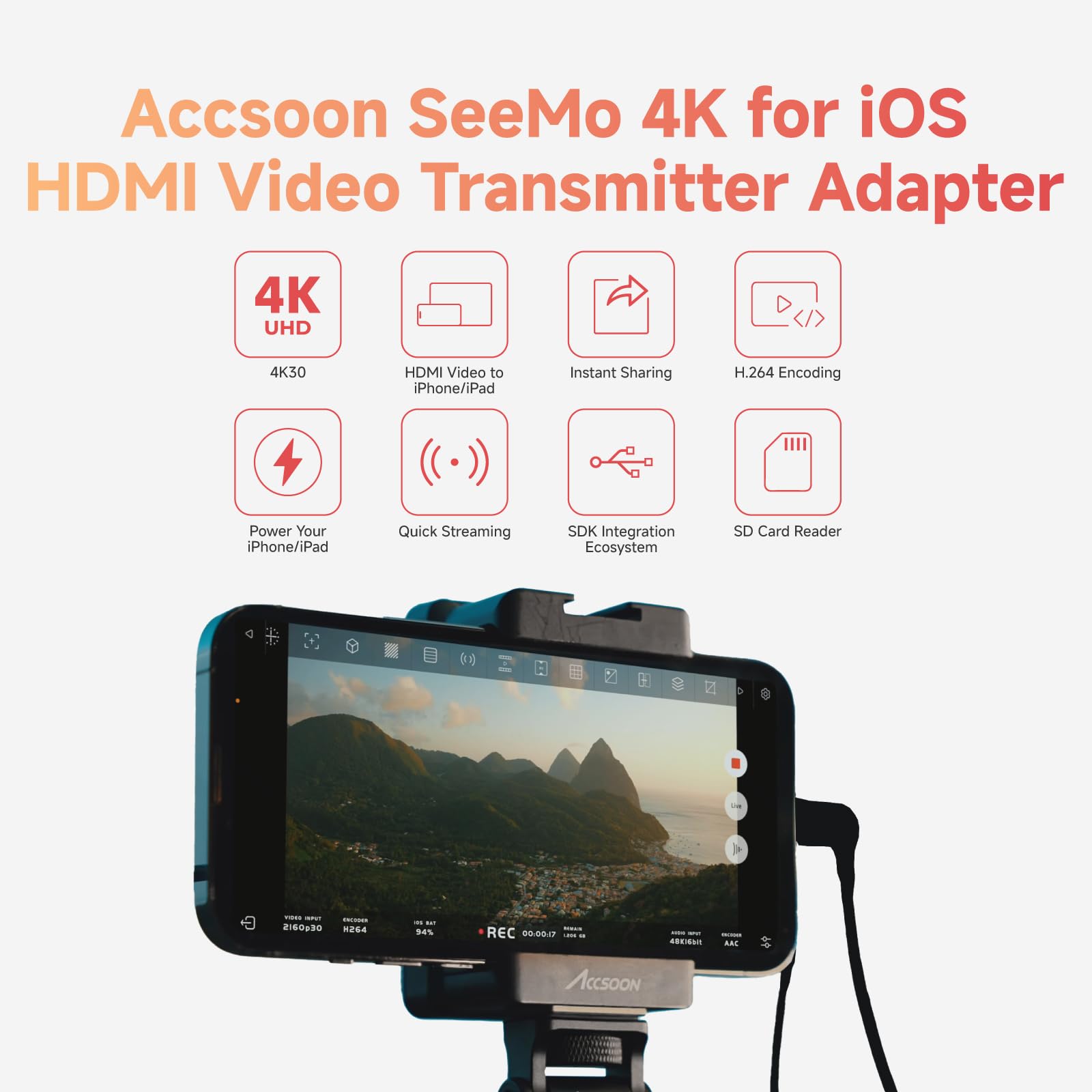 Accsoon SeeMo 4K HDMI to iOS Video Adapter, 4K30 Video Transmitter