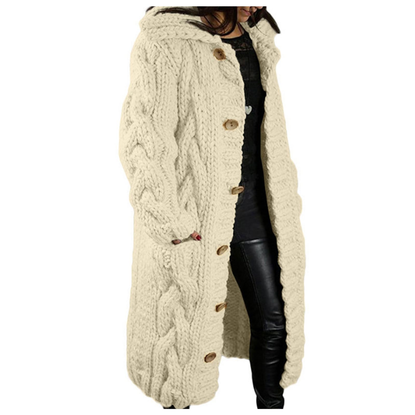 Winter Fall Cardigan Sweaters for Women Oversized Chunky Cable Knit Sweaters OuterwearCasual Button Up Hooded Jacket