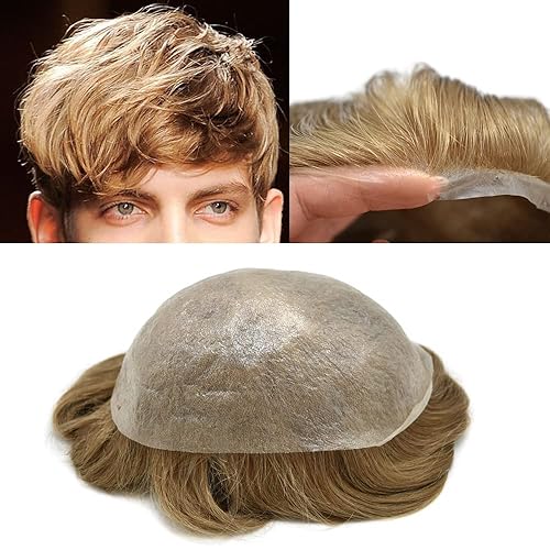 Miniatura 3 de Peluca de cabello humano real ultra fina para hombre, sistema de reemplazo de cabello en V, línea capilar invisible natural, gris, rubio, castaño