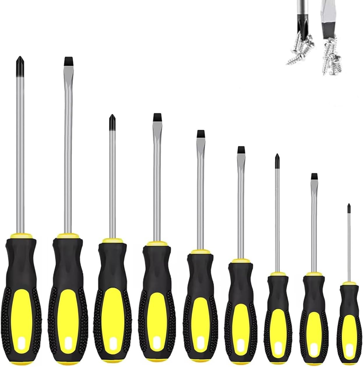 Magnetic Screwdrivers Set,9Pcs Non-Slip Soft Grip Buffer insullated Handle Heavy Duty Pozi Screwdriver, Flat Head Screwdrivers, Flat Blade Flared Phillips Pozi Cross Head Crosshead Point Screwdriver