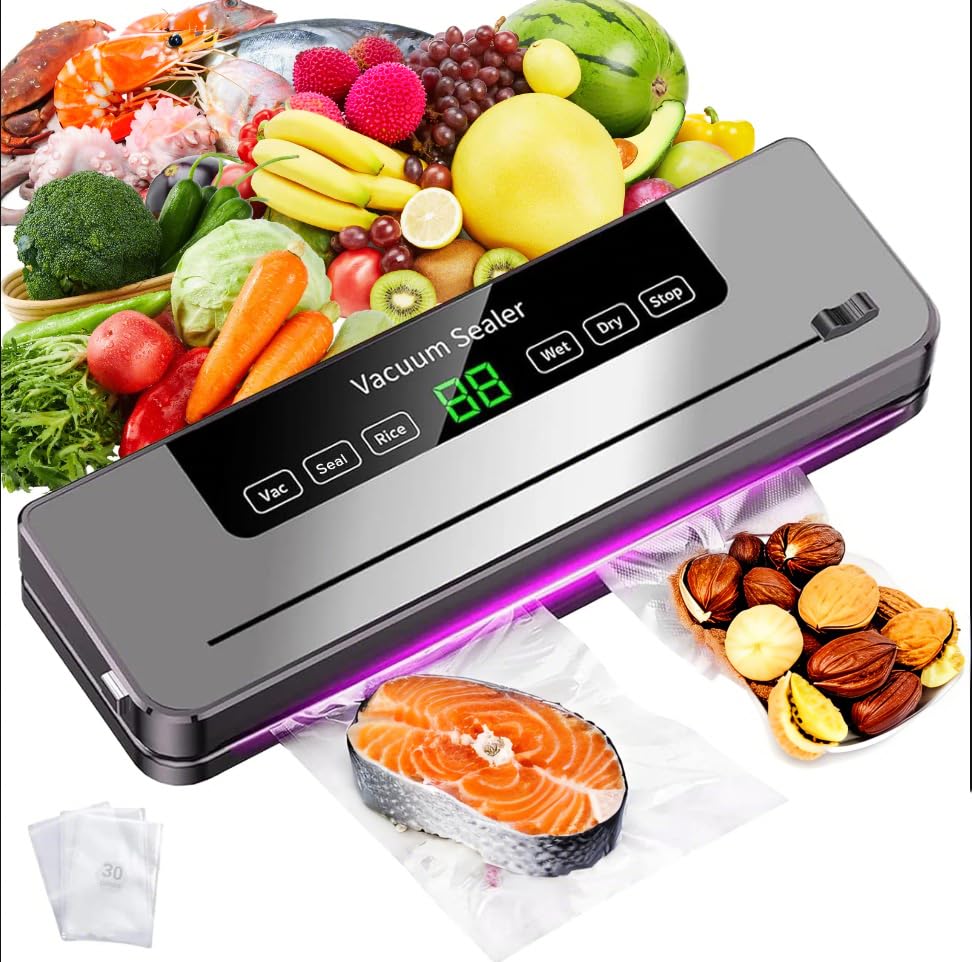 Vacuum Sealer Machine with 30 Seal Bags UV - C Sterilization Dry/Moist/Rice Modes Built-in Cutter for Food Fresh and Storage