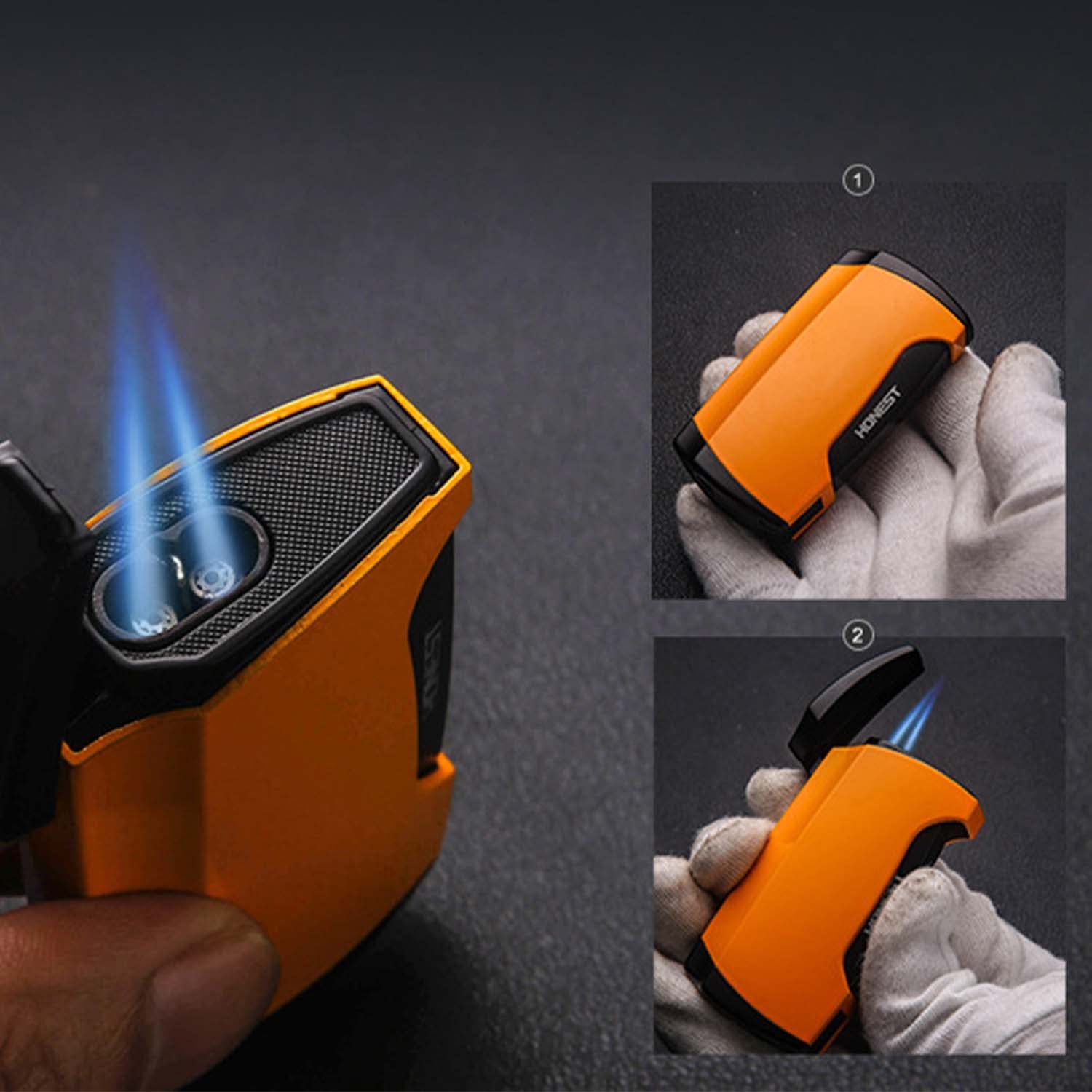 Briquet Torche Portable Puissant Double Jet Flamme Coupe-Vent Interrupteur Latéral Ergonomique avec Poinçon Cigare pour Bougie Camping Familiale (sans Butane)