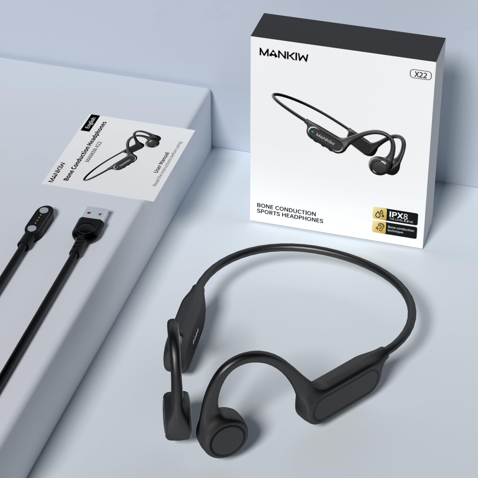 MANKIW Cuffie Nuoto Conduzione Ossea IP68, Auricolari Bluetooth 5.4 con 32GB MP3, Open Ear Impermeabili per Nuoto, Sport
