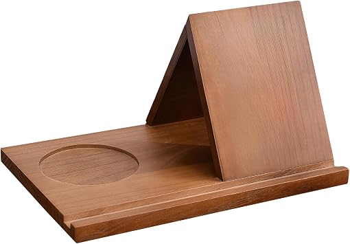 Wooden Book Rest with Owl Carving, Triangular Book Nook and Vertical Book Holder with Cupholder, 27 x 18 x 15 cm, for Books, Tablets, Phones, and Desktop Organization